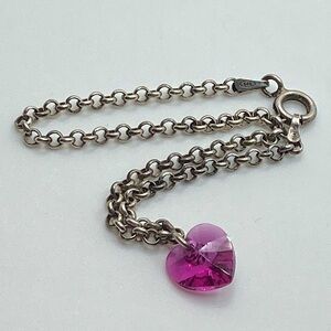 VINTAGE Sterling Silver Rolo Link Bracelet w Red Crystal Heart Charm 7.5”